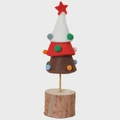 Handmade felt Christmas tree desk ornament with a rustic wood base and colorful balls - 17cm
