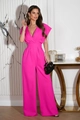 Detalle del mono fucsia con escote en V con lazo en la cintura y pantalones de pierna ancha - S / Rosa rojo