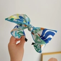 Satin wide headband with colorful abstract print and bow detail for women - Green Abstract Print Bow Headband
