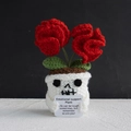 Handmade crochet emotional support plant with skull pot and red flowers for gift - Halloween Carnation Red