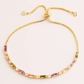 Detail of adjustable gold bracelet with colorful rectangular zircons and sliding clasp - Multicolor Adjustable Bracelet