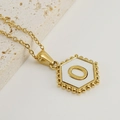 Gold hexagon necklace with letter O pendant on white enamel and beaded edge detail - Style O (Pendant Only) / Pendant Only