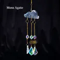 Golden suncatcher featuring natural moss agate cloud and rainbow crystal prisms - Waterweed Agate Clouds Suncatcher