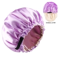 Close-up of double layer satin sleep cap with adjustable strap in purple and beige - Light Purple