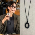 Minimalist long black oval resin pendant necklace with wax cord for vintage winter style - 37# Necklace-Black