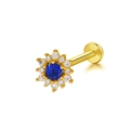 Golden sunflower lip stud featuring a large blue zircon center and white crystal halo - Gold Blue Sunflower (24051003-5)