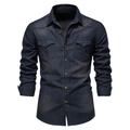 Detail of dark blue denim shirt with long sleeves, twin chest pockets and copper buttons - S / Navy Blue (No Label)