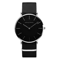 Orologio al quarzo minimalista con quadrante nero e cinturino in tela nera chic - Cassa in Argento Cinturino in Tessuto Nero