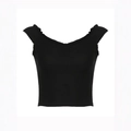 Slim fit black V-neck crop top with ruffled cap sleeves and minimalist summer style - S / Black