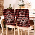 Set of two red and black plaid Christmas chair covers with festive holiday greetings - Red Black Plaid White Word Bell (YT01-17)