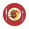 Red circular woven table mat with plate of steak and pasta on a white background - 38cm (Approx. 60g) / Red