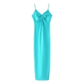 Elegant emerald green satin slip dress featuring a unique metal O-ring and pleated cutout - S / Lake Blue