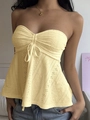 Detailed view of pale yellow eyelet tube top with drawstring ruching and embroidery - S / Yellow