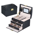 Black three-layer PU leather jewelry box with golden hardware and built-in mirror - 17*12*12.5cm / Black