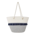 Bohemian hand-woven cotton rope tote bag in white and grey with blue tassel fringe - Large / Light Gray