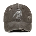 Vintage washed black baseball cap with distressed holes and dinosaur skeleton embroidery - Coffee