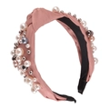 Diadema de terciopelo rosa con nudo cruzado y perlas artesanales bordadas a mano - Perlas Rosa