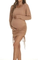 Detail of the side drawstring ruching and textured fabric on the maternity mini dress - S / Camel
