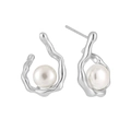 Boucles d'oreilles minimalistes en argent S925 avec perle ronde blanche et goutte - Argent 925 / Platine (Avec Poussette en Caoutchouc)