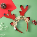 Detail of red glitter reindeer antlers headband with colorful bells and LED battery pack - Large Red Reindeer Antlers With Bells LED Headband