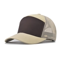 Detail der atmungsaktiven Mesh-Struktur und des gebogenen Schirms am Trucker-Hat - Beige/Dunkelbraun Patchwork
