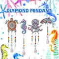 DIY 5D diamond painting wind chime pendants set featuring ocean sea turtle and seahorse - DZ-45 Sea Life 4-Piece Set