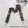Adjustable black woven shoulder strap with colorful butterfly patterns and gold clasps - Colorful Butterflies - Gold Buckle