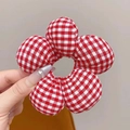 Detail of a large red and white gingham floral scrunchie with 3D padded flower petals - Red Checkered (Approx. 10.5cm)