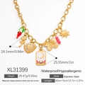 Gold stainless steel multi-charm necklace with rose and red chili pepper pendants - Multi-Element Mixed Pendants (XL31399)