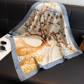 Elegant large silk-feel scarf with retro deer and floral print in cream and blue - 97 Square Scarves / 65