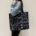 Grande borsa tote in tela nera con stampa di gatto bianco e tracolla larga - Gatto MIMI - Nero