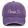 Detail of purple washed cotton baseball cap featuring Nana embroidery and heart detail - Purple