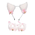 Detailed view of white cat ear headband and plush wristbands with pink bows and bells - Solid White Cat Ears + One Pair Wristbands