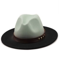 Detail view of two-tone wool felt fedora with brown leather strap and gold metal rivets - M (56-58cm) / Mint Green/Black Stitching (05)