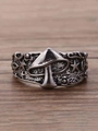 Macro shot of vintage silver mushroom ring with star and leaf relief on wood surface - One Size (1.7cm) / Vintage Silver (SE2566)