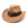 Tan felt cowboy hat with vintage heart rhinestone buckle and ornate brown band - M (56-58cm) / Camel