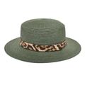 Dettaglio ravvicinato della trama in paglia intrecciata e della fascia leopardata - M (56-58cm) / Verde Scuro