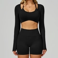 Ensemble de yoga 3 pièces noir sans couture avec haut à manches longues, brassière et short - S / Manches Longues + Shorts - Noir Premium