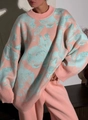 Close-up of pink and blue marble pattern knit sweater showing premium fabric texture - S / Orange Pink