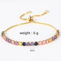 Detail view of gold adjustable bracelet with 4mm colorful micro-set cubic zirconia and weight 6g - Adjustable Drawstring / Rainbow Gold