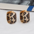 Chic gold-plated U-shaped leopard print hoop earrings with paved cubic zirconia stones - U-Shaped Leopard Huggie-EA05-8