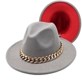Detail of grey fedora hat with red underside and decorative chunky gold acrylic chain - Light Grey and Red