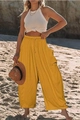 Detailed view of mustard yellow striped straight-leg pants with elastic drawstring waist - S / Yellow