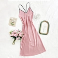 Elegant dusty pink silk nightgown with black spaghetti straps and V-neck design - S / Pink