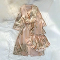 3-teiliges Champagner-Blumenset aus Satin mit Seidenmantel, Camisole und Rüschenshorts - 3XL / Champagner Kirsch-4-Teiler-Set