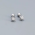 Silver octagonal star stud earrings with central zircon and secure screw back closure - Platinum (White Stone)