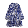 V-neck long sleeve floral print dress with ruffled hem in blue and white patterns - XS / Royal Blue
