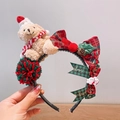 Weihnachtshaarreif mit Plüschbär, festlicher Karoschleife und rot grünen Pompons - 13# Kleiner Bär Stirnband