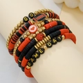 Red and black polymer clay bead bracelets set with golden football and Game Day charms - SY0719-1 Red Black Gold Multilayer Set