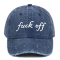Cappellino da baseball vintage blu scuro con ricamo Fuck Off bianco e dettagli usurati - Regolabile / Blu Marino Distressed